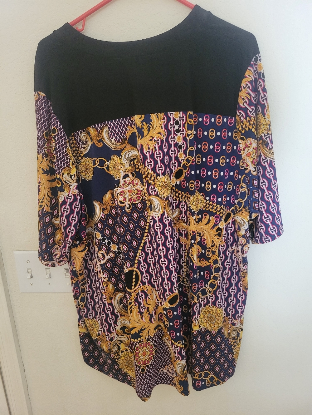 Bold Baroque Print Button-Front Blouse - Navy, Gold, Pink - Picture 2 of 3